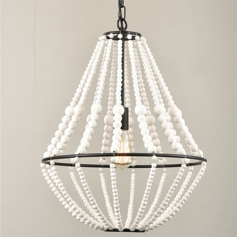 Rustic Wood Beaded Chandelier Distressed Off-White Finish